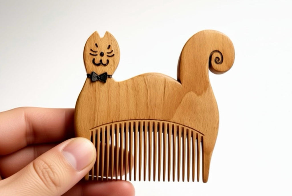 Hand Carved Cat Wooden Comb – Natural Wood, 7cm Animal Comb