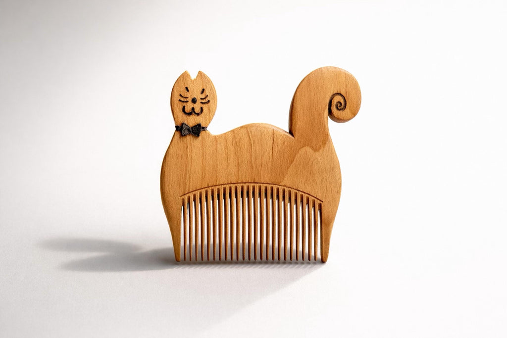 Hand Carved Cat Wooden Comb – Natural Wood, 7cm Animal Comb