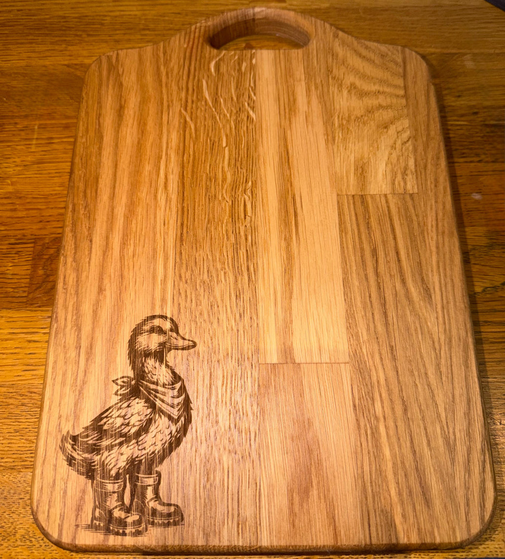 Solid Oak Chopping Board – Engraved Duck Design, Rustic Kitchen Decor