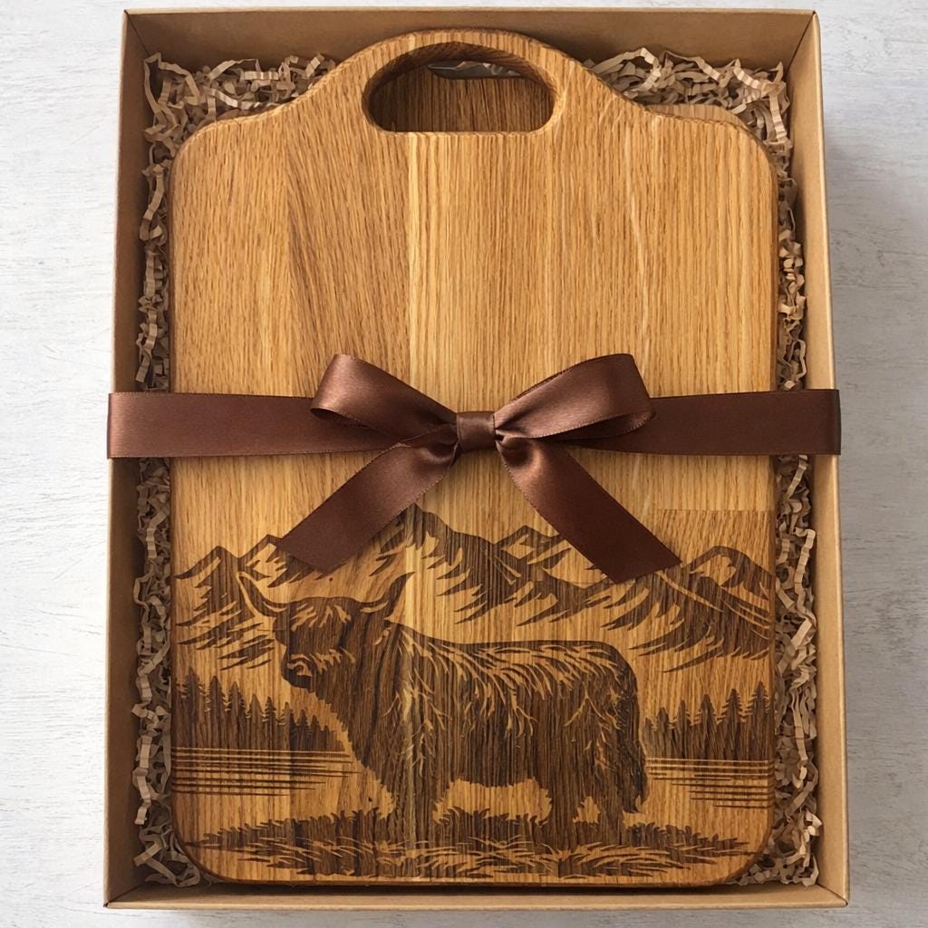 Highland Cow Engraved Oak Chopping Boards Set | Rustic Kitchen Decor, Scottish Gift