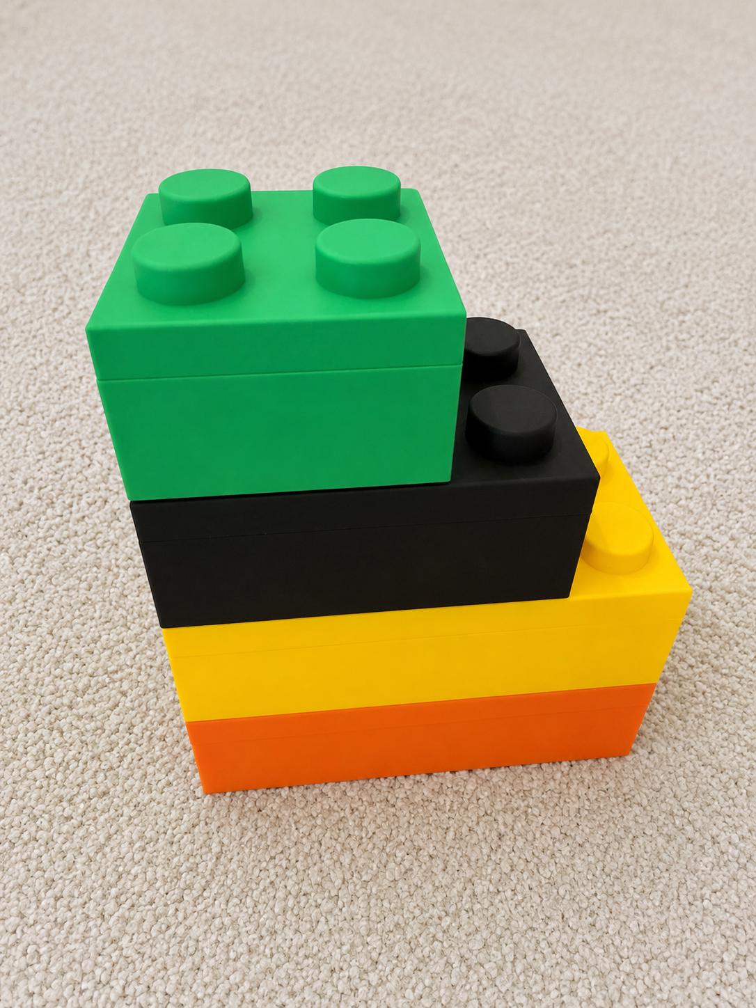 Set of 3  stackable 3D block storage boxes / removable lids / optional colours.