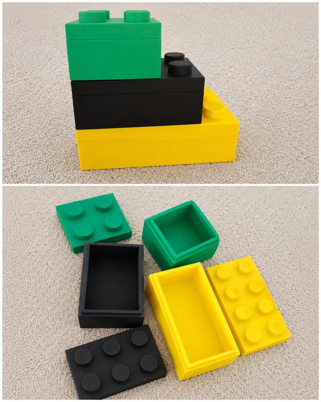 Set of 3  stackable 3D block storage boxes / removable lids / optional colours.