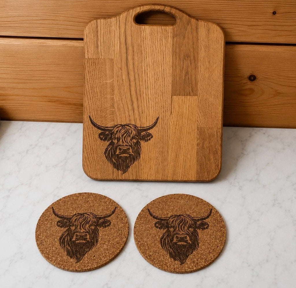 Solid Oak Chopping Board – Engraved Highland Cow Design,matching coasters / Rustic Kitchen Gift