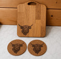 Solid Oak Chopping Board – Engraved Highland Cow Design,matching coasters / Rustic Kitchen Gift