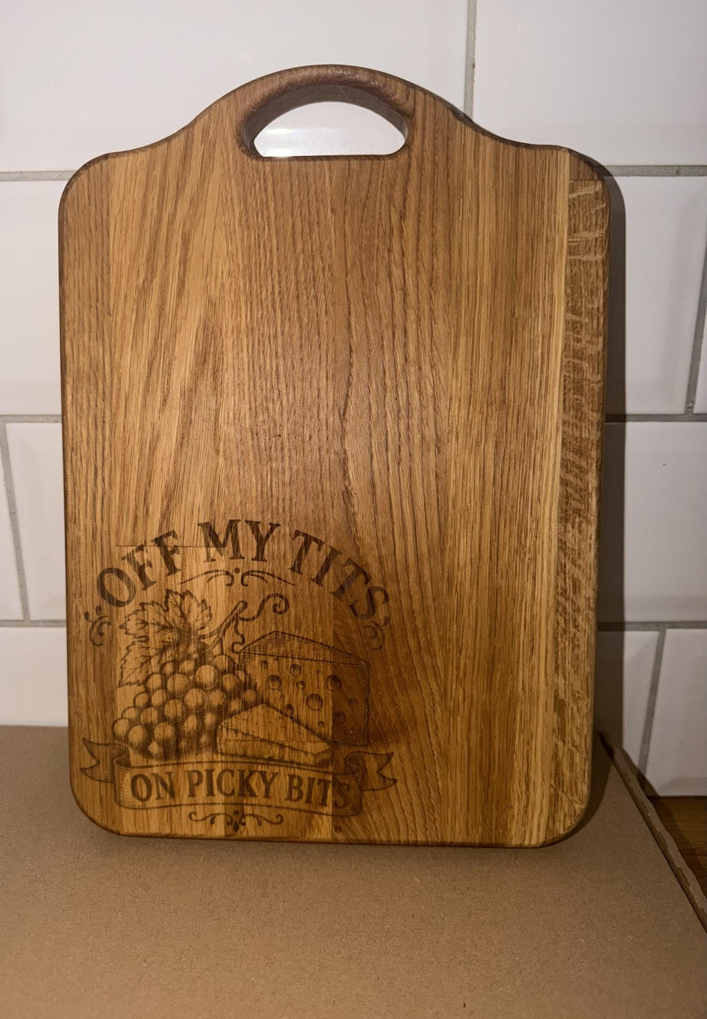 Off my tits on picky bits solid oak chopping board, serving board.