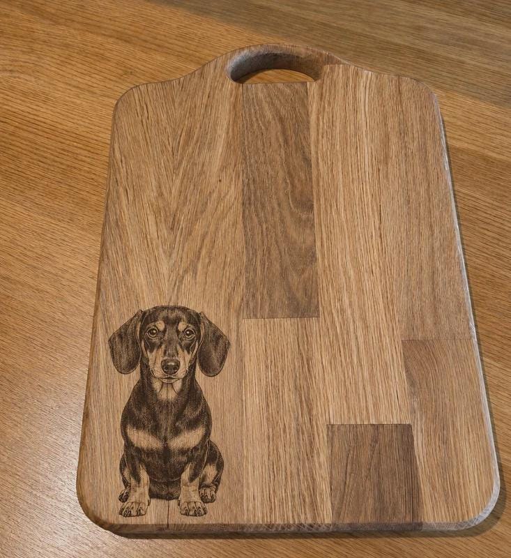 Engraved Dachshund design oak chopping board / serving board / dog lover gift