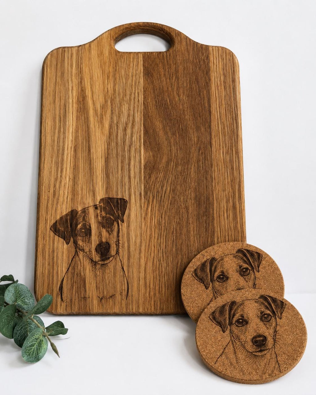Engraved Jack Russell Solid Oak Chopping Board & Coaster Set | Rustic Kitchen Decor