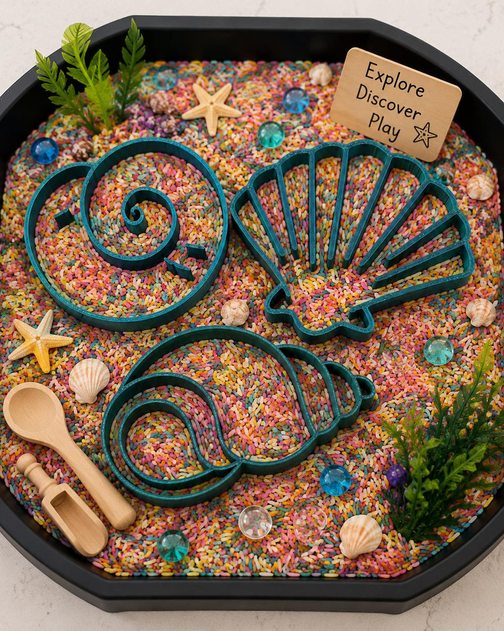 Seashell Sensory Play Tray | Montessori Ocean-Themed Tuff Tray Activity | Colour Sorting & Fine Motor Play | Rice Sensory Bin Insert