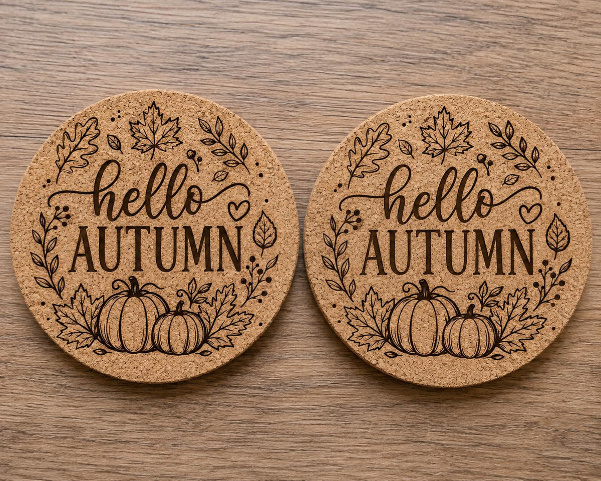 Hello Autumn Cork Coasters – Set of 2 | Engraved Autumn Pumpkin & Leaf Design