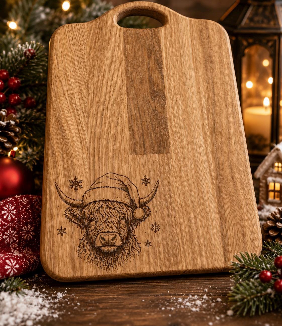 Christmas Highland Cow Chopping Board | Engraved Solid Oak Board | Highland Cow Christmas Gift | Festive Kitchen Gift