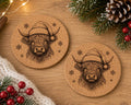 Christmas Highland Cow Cork Coasters | Festive Engraved Coaster Set of 2 | Highland Cow Christmas Gift