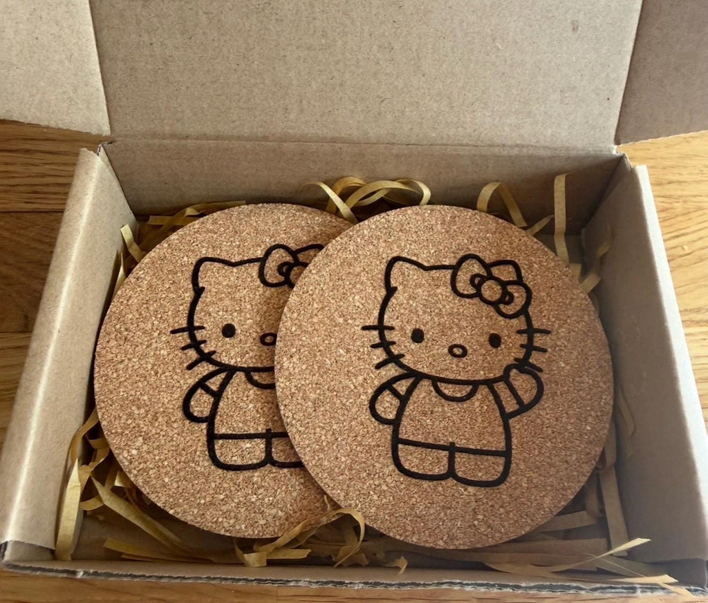Hello Kitty Engraved Cork Coasters | Cute Kawaii Drinks Coasters | Set of 2 | 10cm  Coasters | Gift Idea