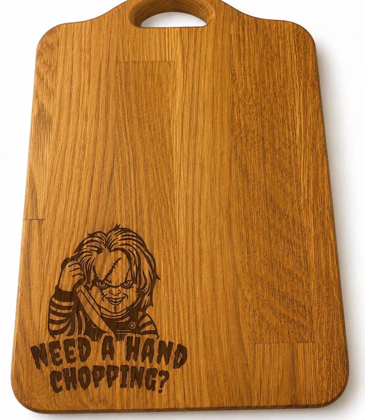 Halloween Chucky Oak Chopping Board – Engraved Horror Kitchen Gift – 27cm x 21cm
