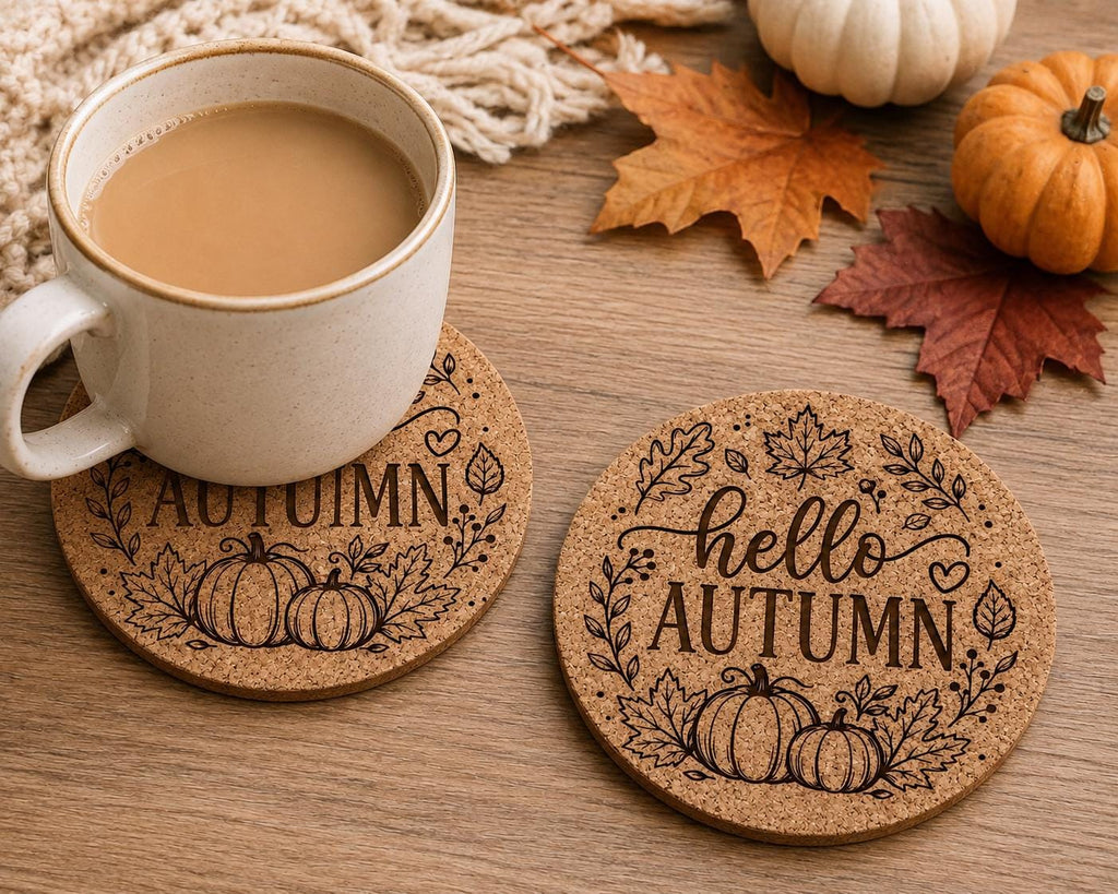 Hello Autumn Cork Coasters – Set of 2 | Engraved Autumn Pumpkin & Leaf Design