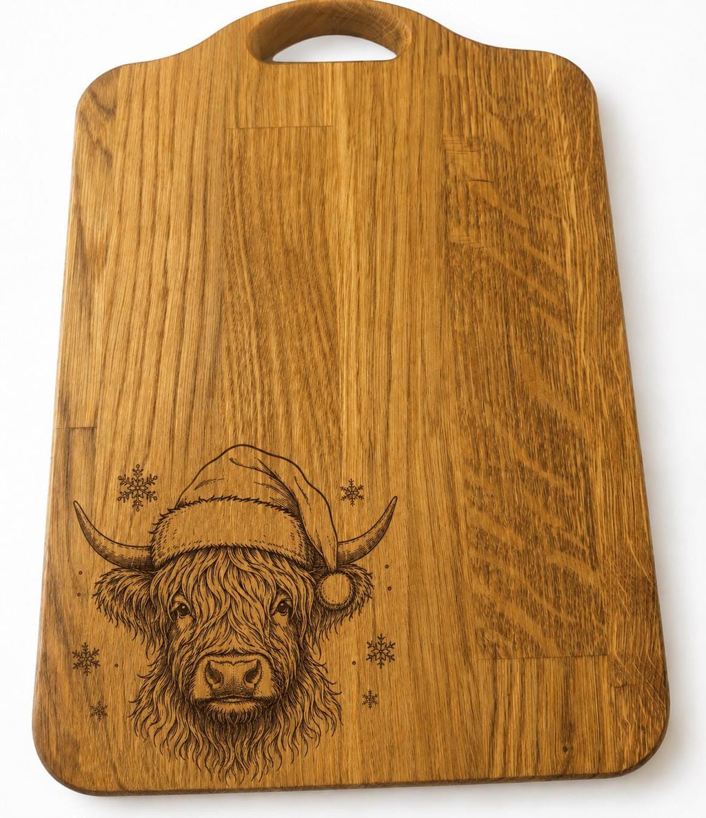 Christmas Highland Cow Chopping Board | Engraved Solid Oak Board | Highland Cow Christmas Gift | Festive Kitchen Gift