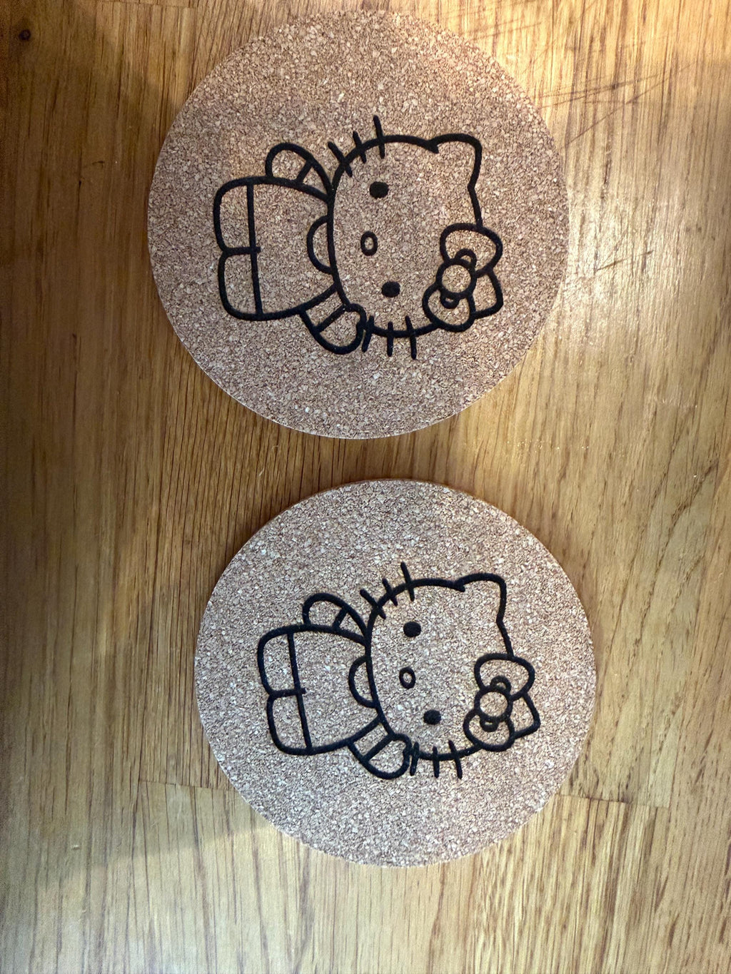 Hello Kitty Engraved Cork Coasters | Cute Kawaii Drinks Coasters | Set of 2 | 10cm  Coasters | Gift Idea