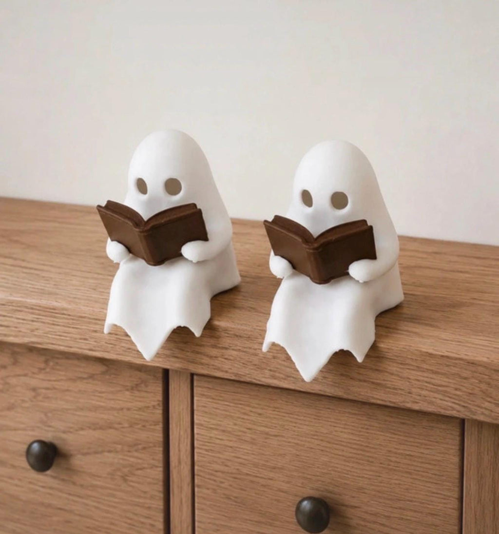 Pair of Reading Ghost LED Tea Light Holders | Cute Halloween Shelf Decor | Spooky Book Ghosts