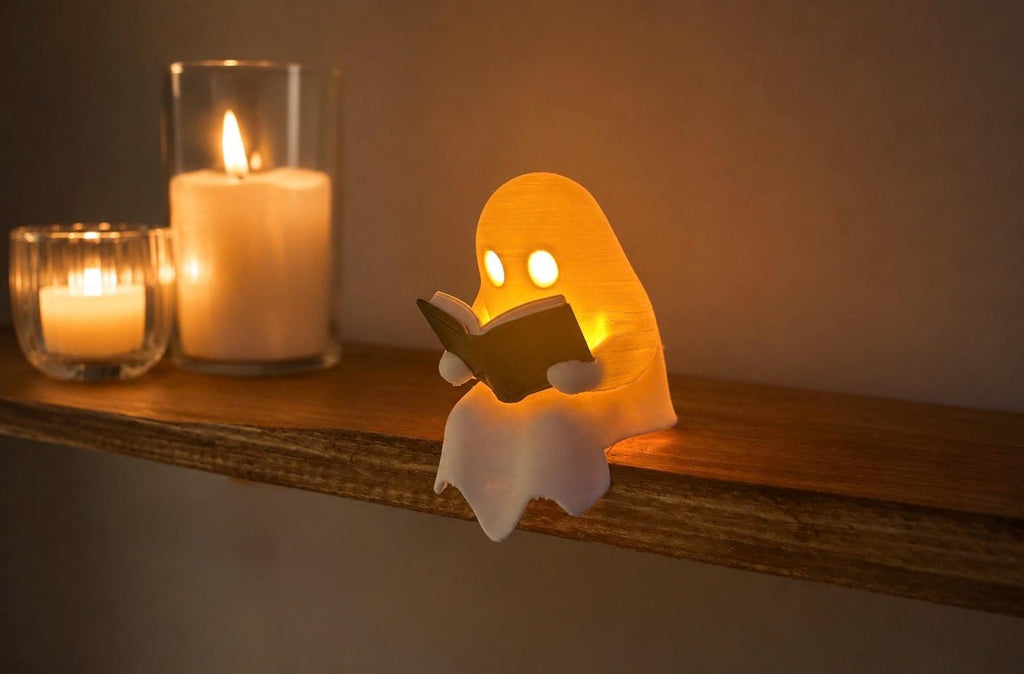 Mini Reading Ghost LED Tea Light Holder | Cute Halloween Shelf Decor | Spooky Book Ghost | Approx 8cm