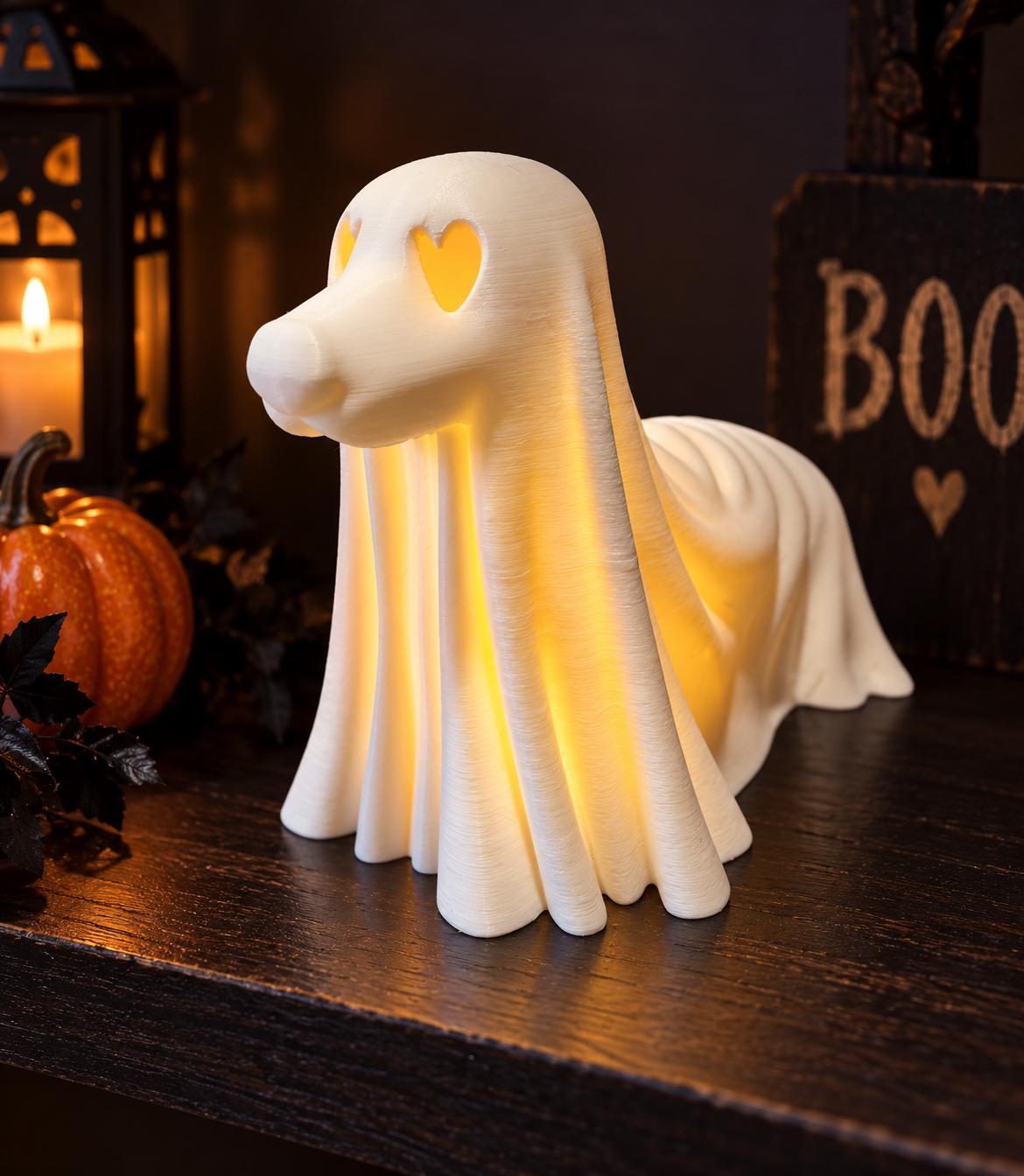 Ghost Dog LED Tea Light Holder | Cute Halloween Dog Decor | Spooky Dachshund Ghost Ornament | Halloween Shelf Decoration