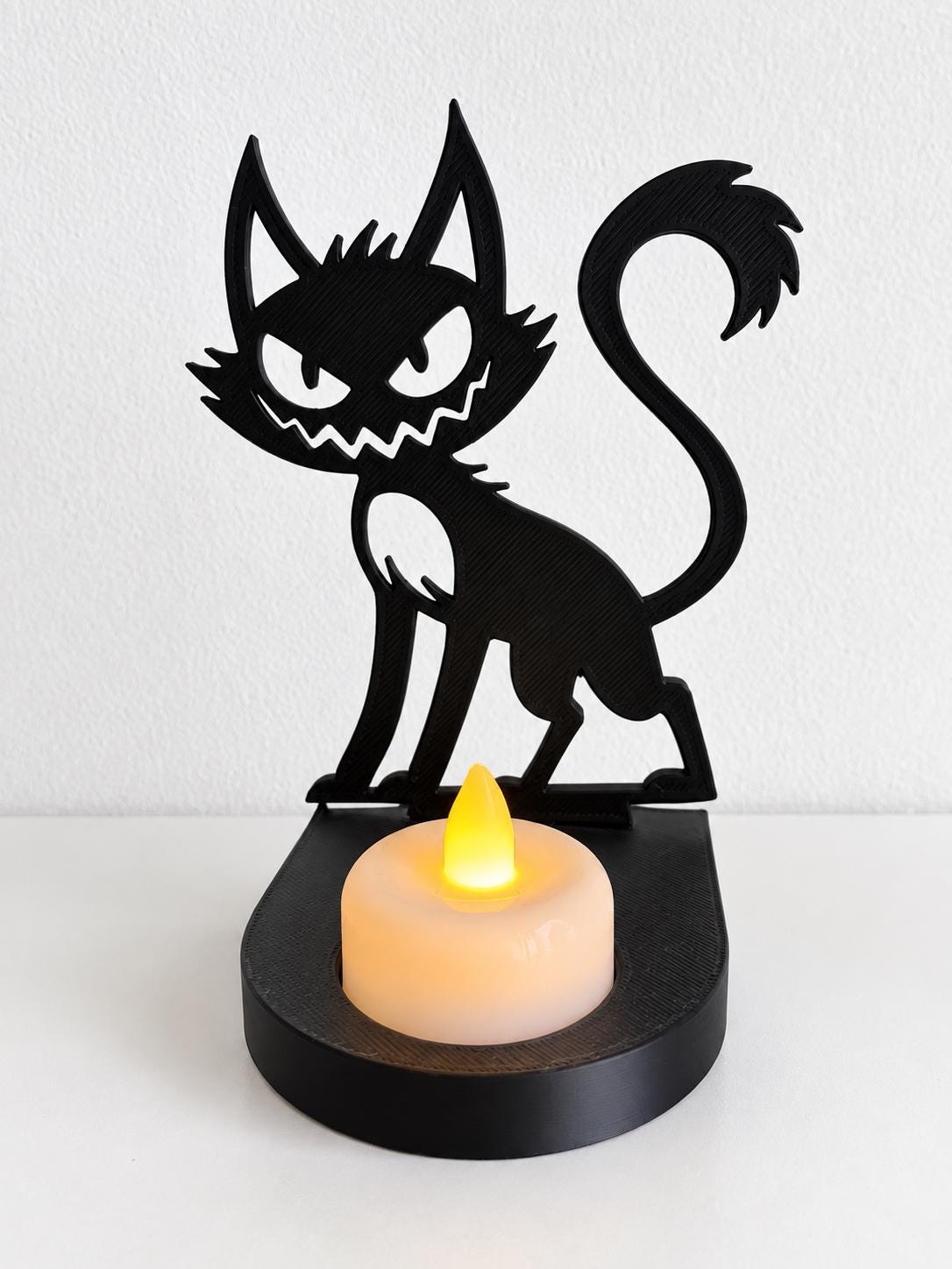 Spooky Black Cat LED Tea Light Holder – 3D Printed Halloween Shadow Decoration