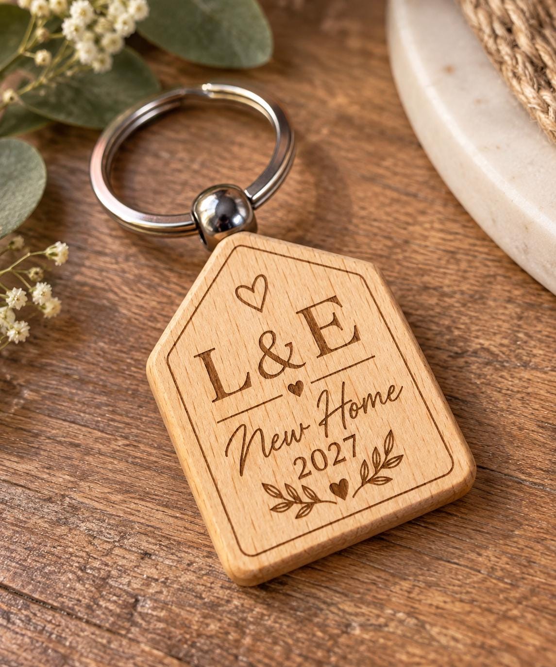 Personalised New Home Wooden Keyring – Custom Initials & Year – House Keyring