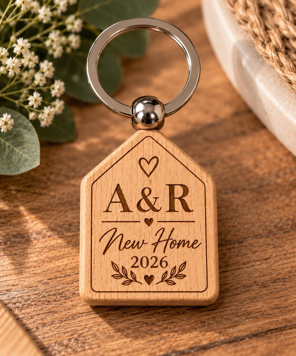Personalised New Home Wooden Keyring – Custom Initials & Year – House Keyring