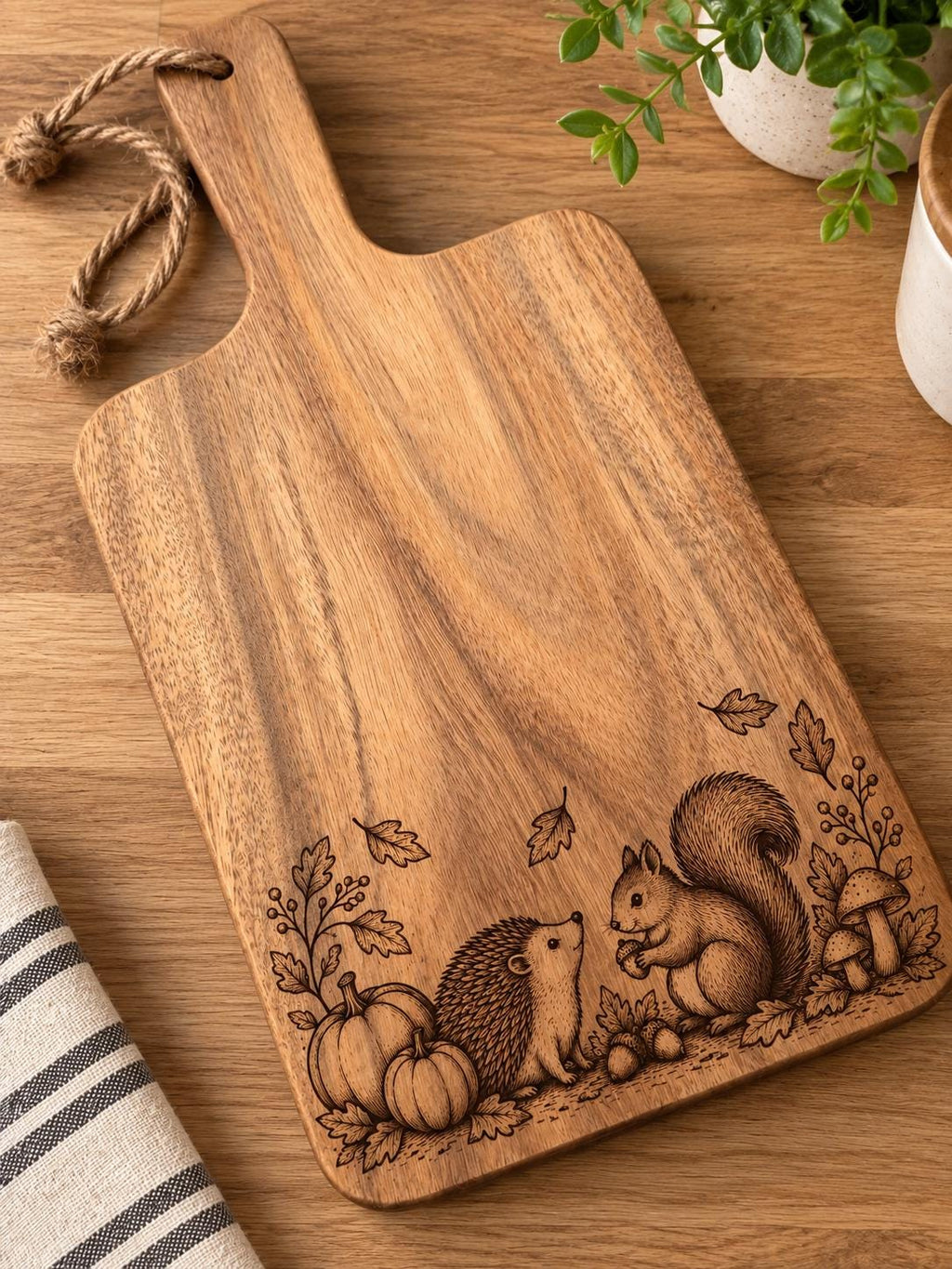 Autumn Woodland Acacia Serving Board – Hedgehog & Squirrel / cheese board / gift idea