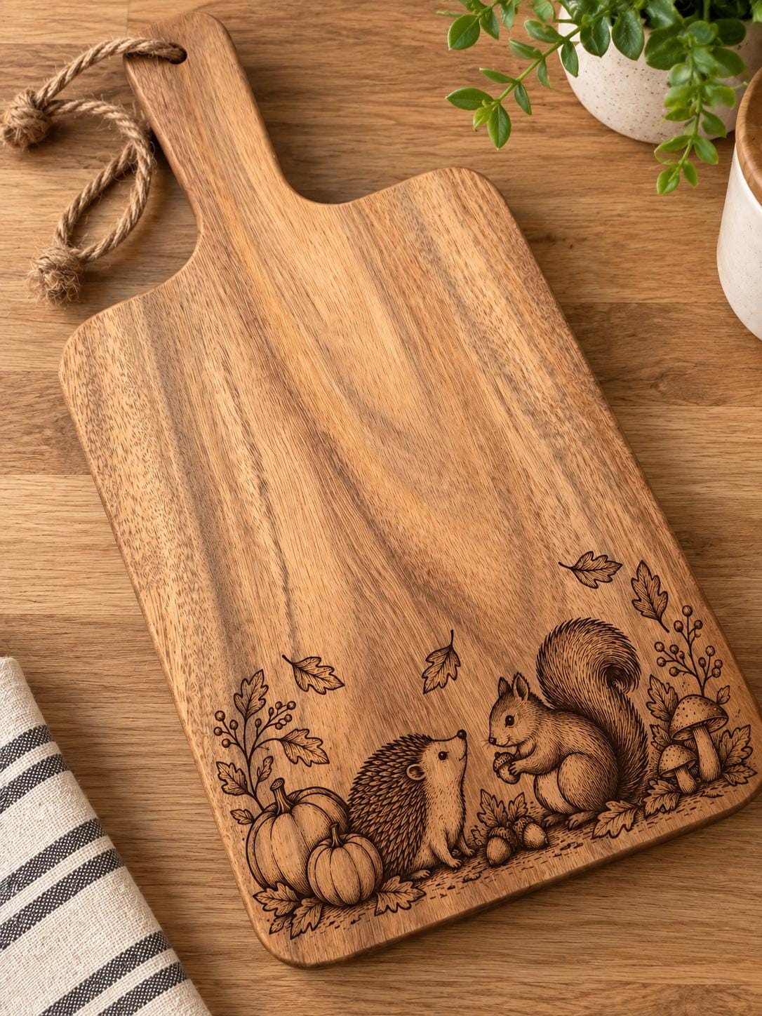 Autumn Woodland Acacia Serving Board – Hedgehog & Squirrel / cheese board / gift idea