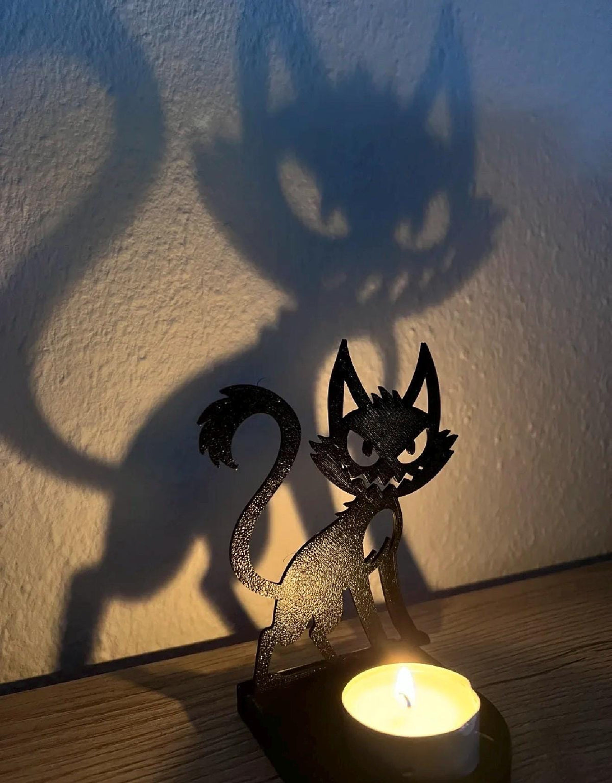 Spooky Black Cat LED Tea Light Holder – 3D Printed Halloween Shadow Decoration