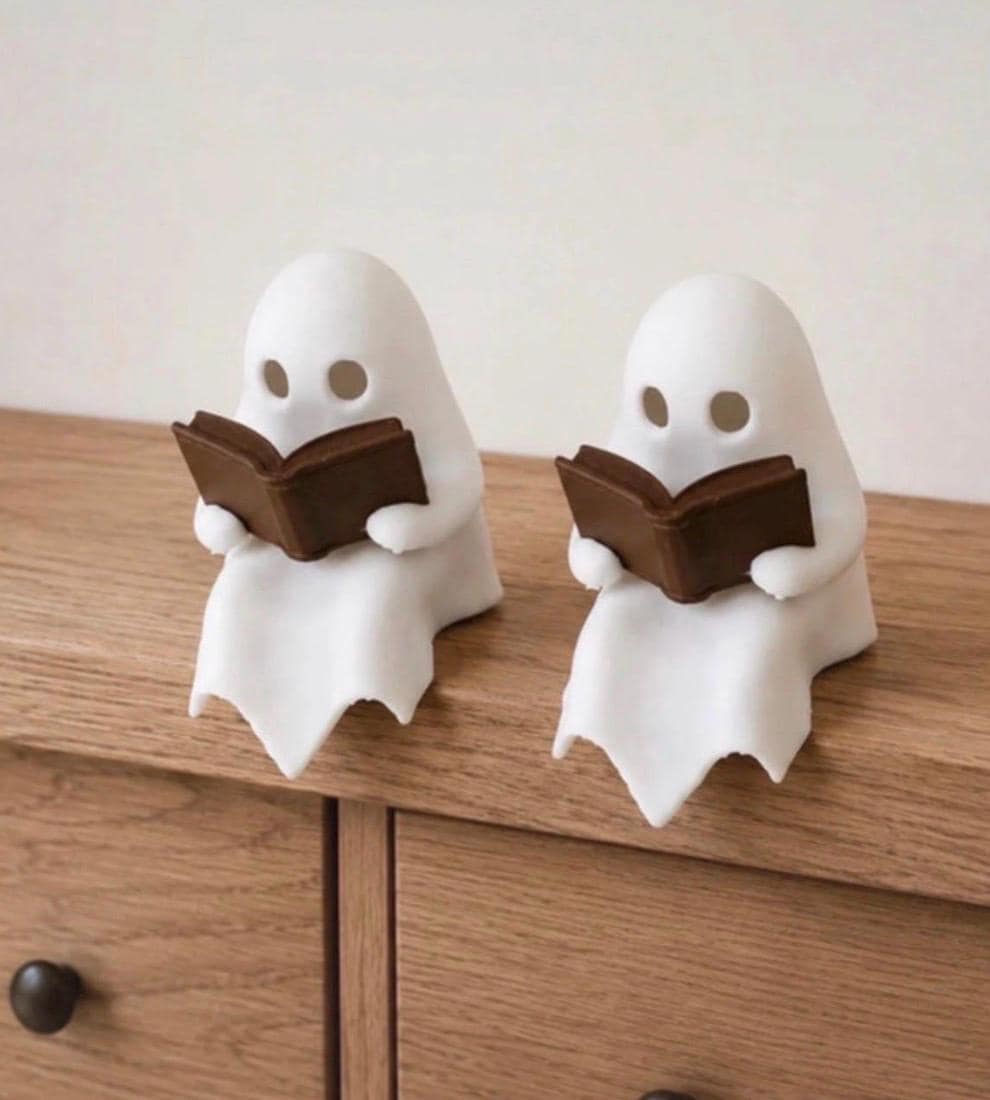 Mini Reading Ghost LED Tea Light Holder | Cute Halloween Shelf Decor | Spooky Book Ghost | Approx 8cm